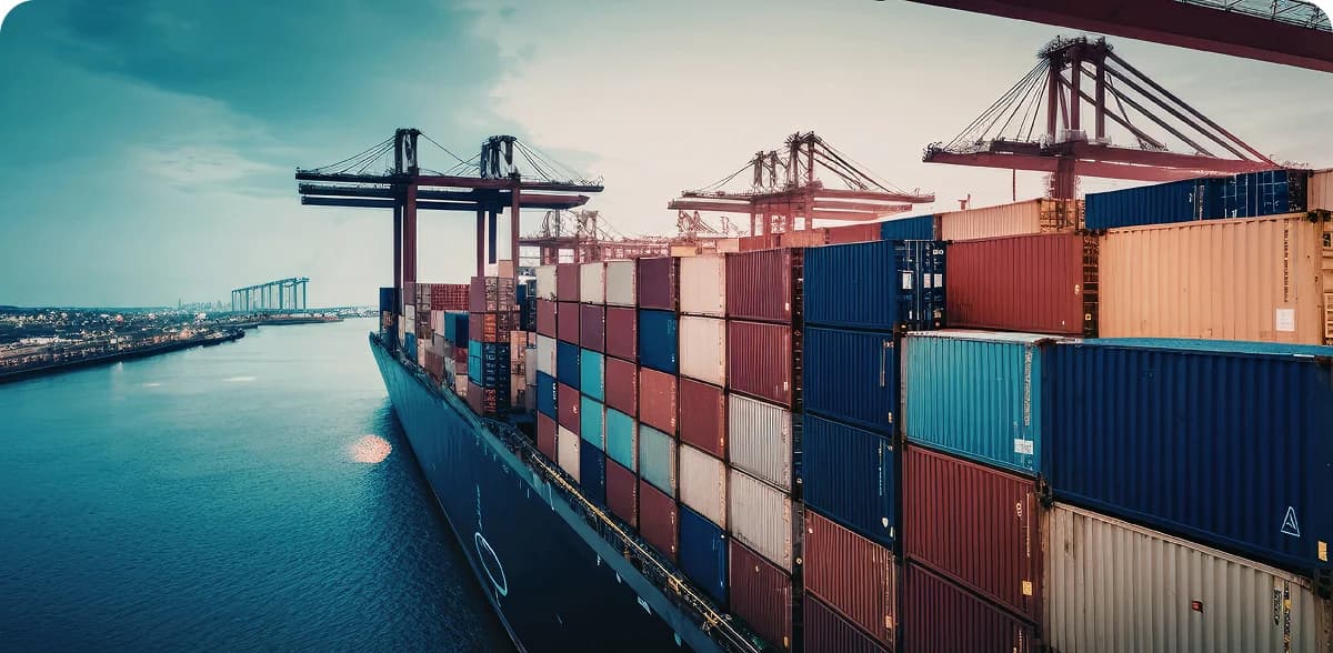 Port with cranes and import containers from China